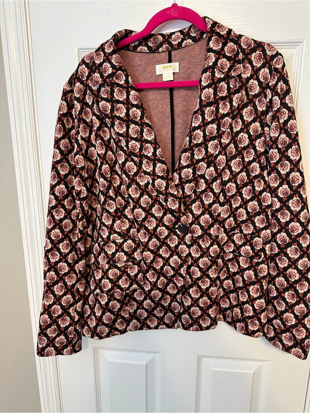 Maeve Anthropologie Black Tunic Blazer with Pink Rose Pattern